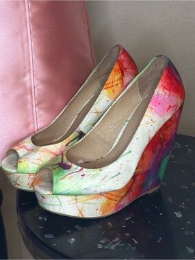 Aldo Multicolor Paint-Splash Wedge Peep-Toe Heels